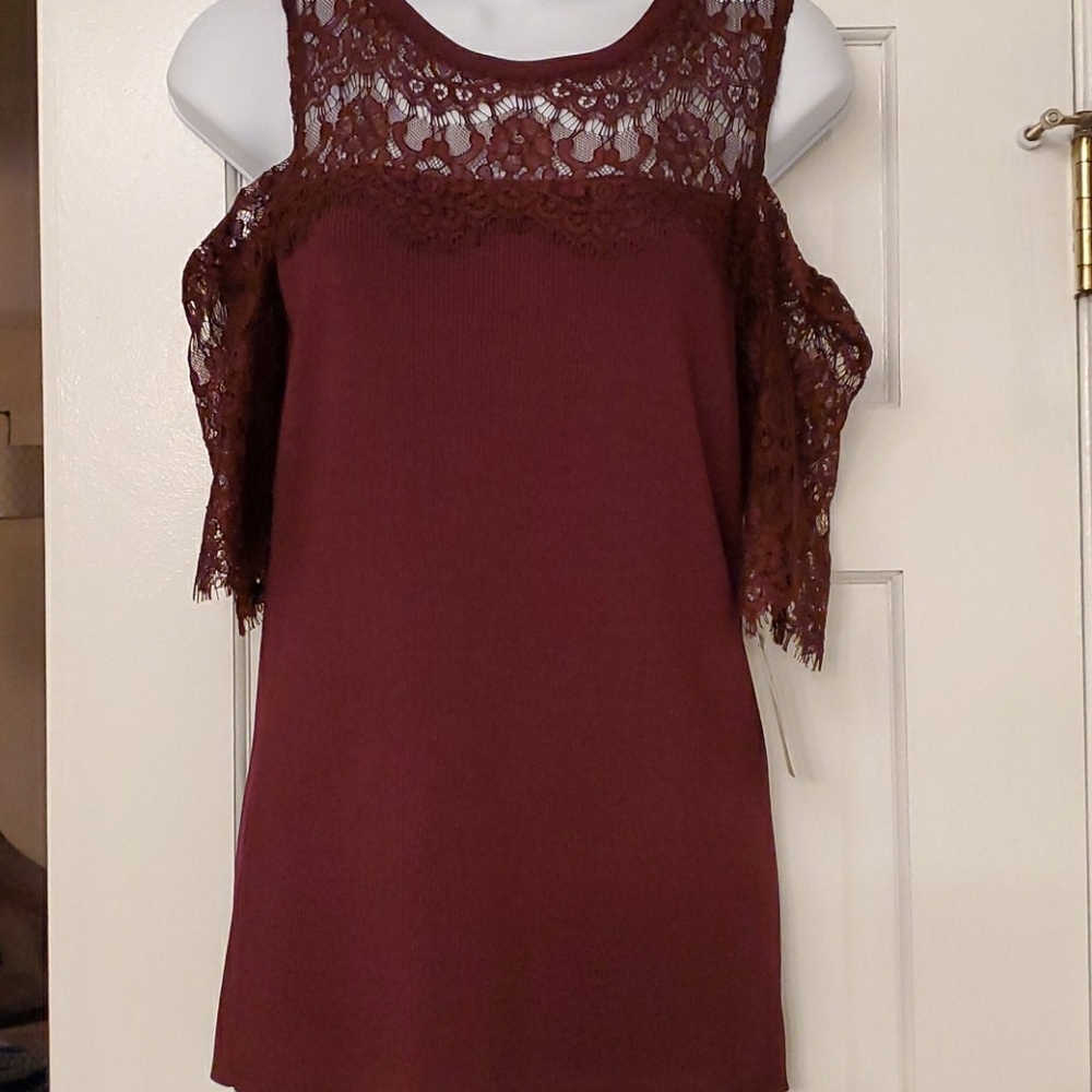 Wine colored cold shoulder short sleeve top.